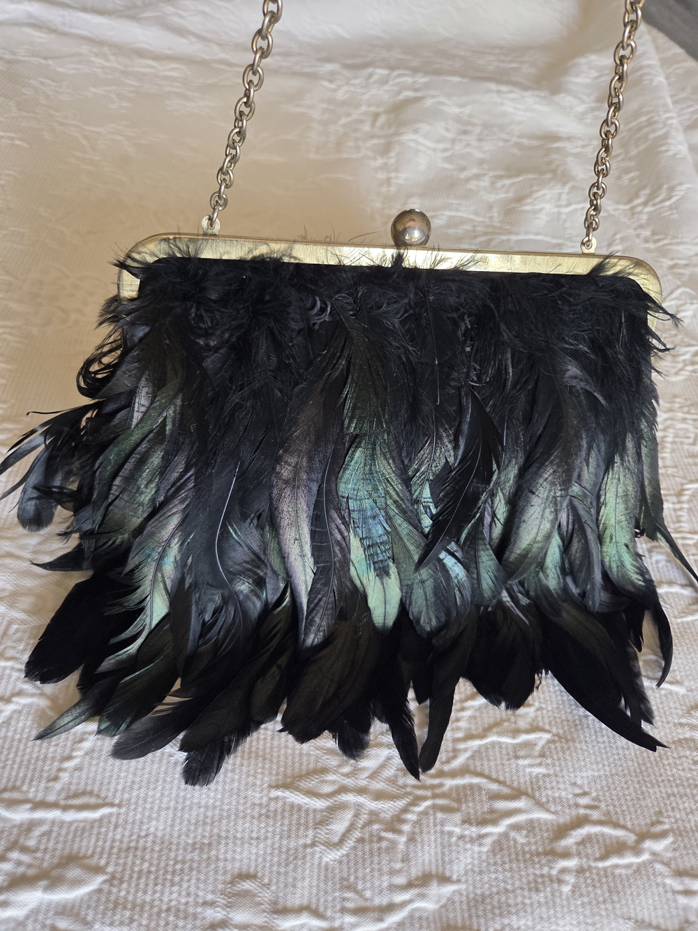 Iridescent Black Feather Evening Clutch with Chain